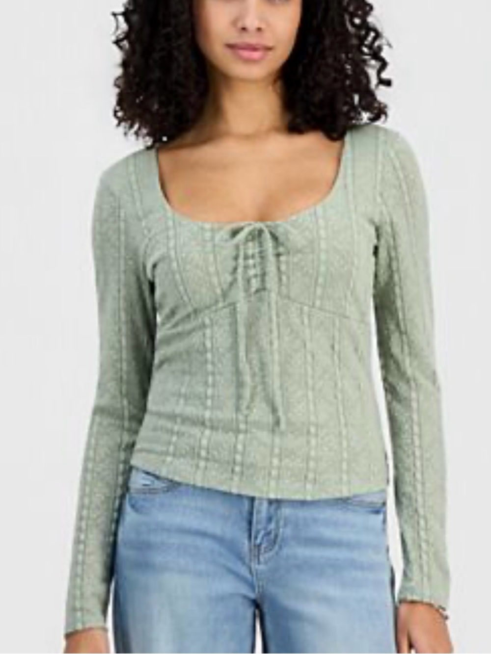 Madden Girl Sage Green Ribbed Lace-Up Long Sleeve Top